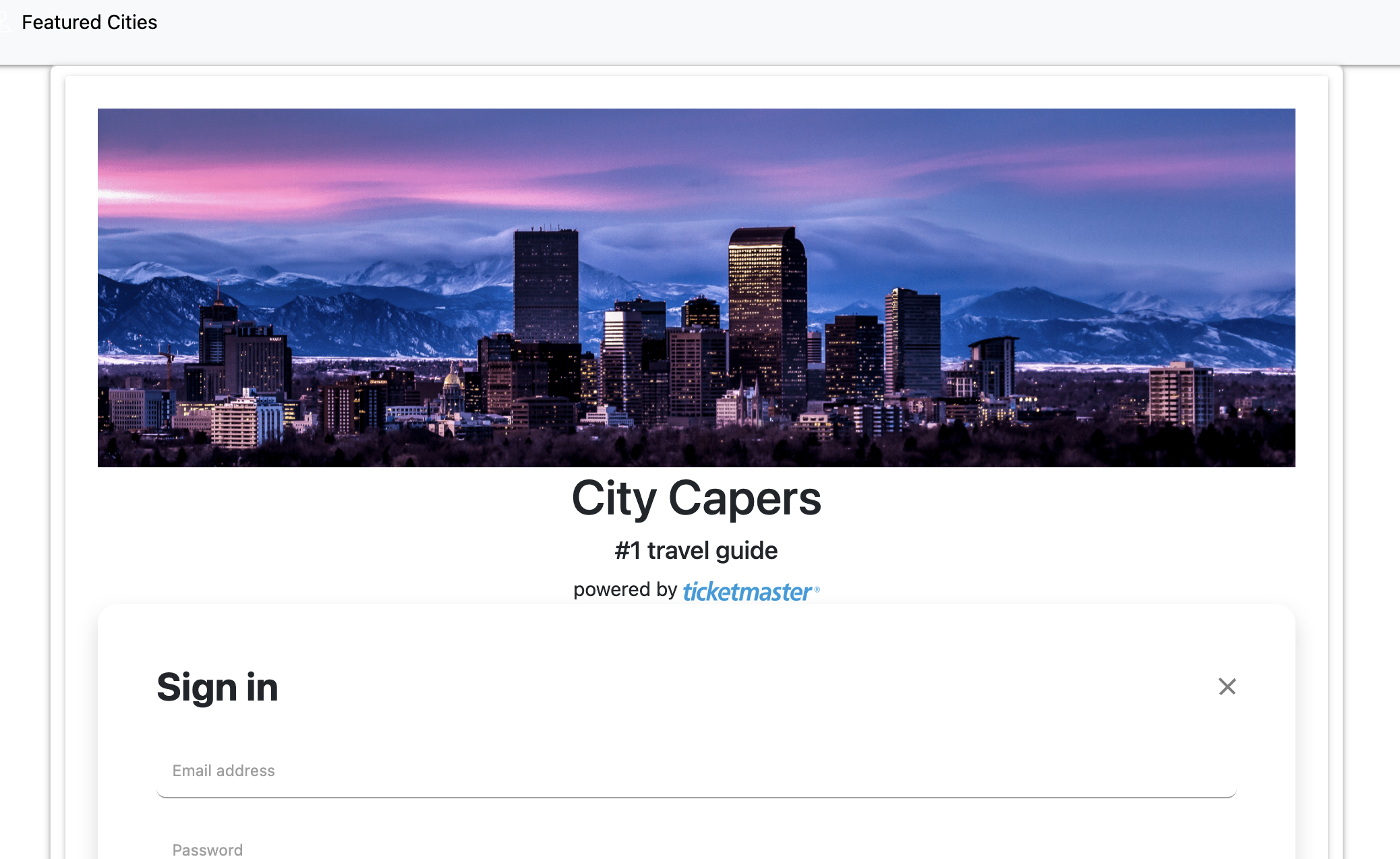 screenshot of a travel guide application called City Capers